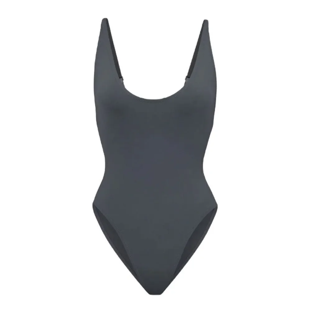 NWT SKIMS Signature Swim Scoop Neck One Piece Swimsuit In Gunmetal Gray